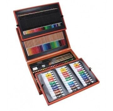 Zestaw artystyczny w drewnianej kasecie 168 elementów ( 3 rodzaje farb, 3 rodzaje kredek + akcesoria)